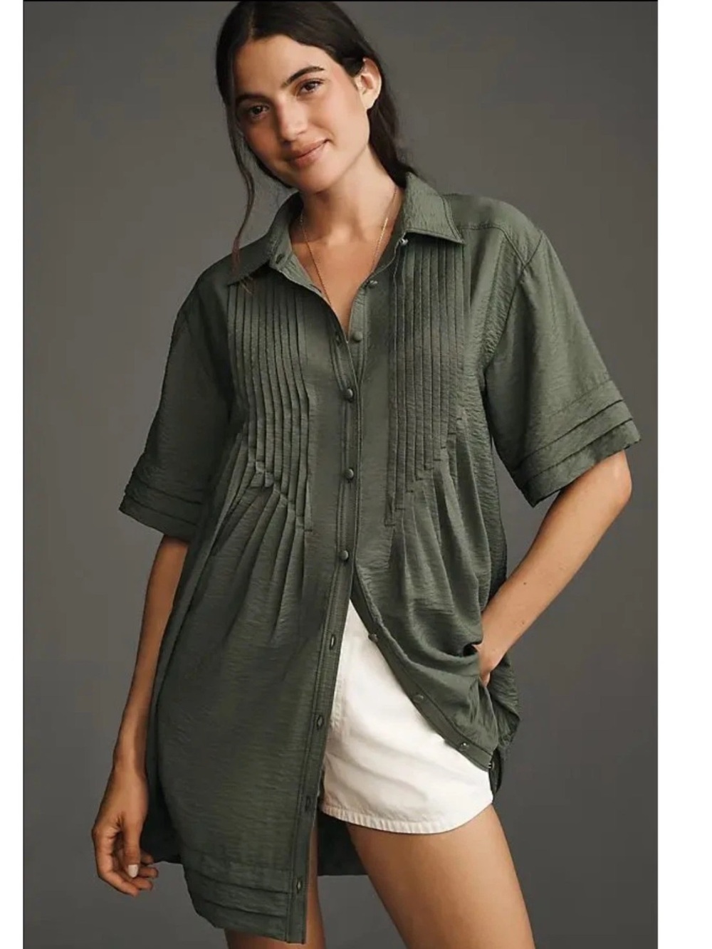 Anthropologie Pilcro Short Sleeve Pintuck Tunic Shirt Dress Olive Green Size MP